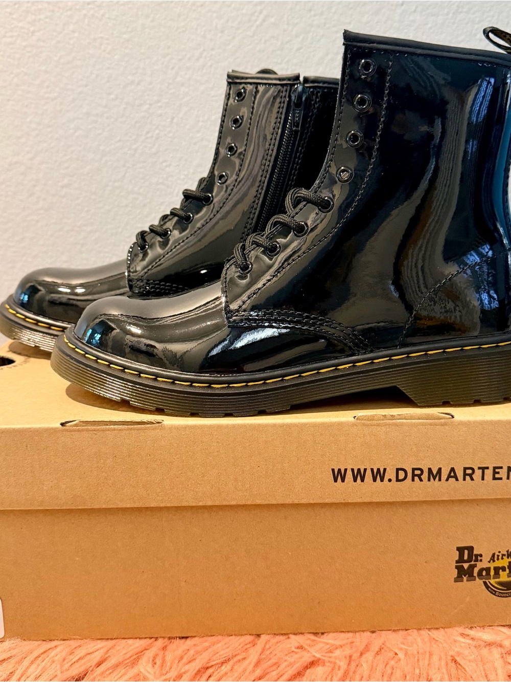Dr. Martens Kids Black Patent Lace-Up Ankle Boots with Yellow Stitching